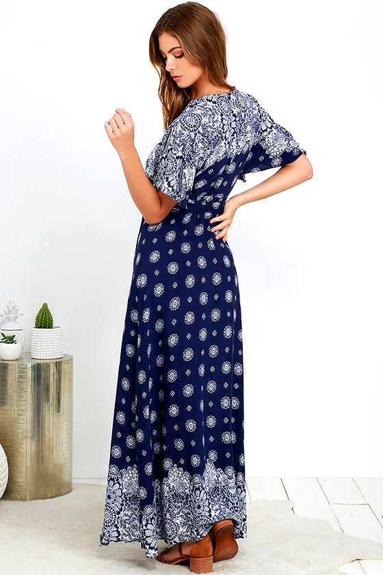 Lovely Navy Blue Print Dress - Wrap Dress - Maxi Dress - $58.00