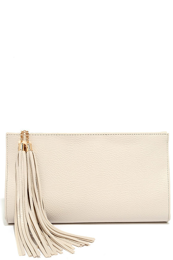 Chic Cream Clutch Vegan Leather Clutch Tassel Clutch 33.00