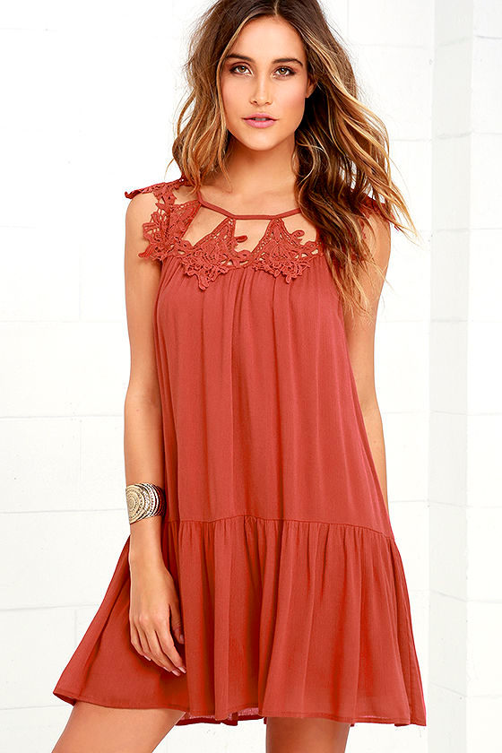Cute Rust Red Dress - Lace Dress - Shift Dress - $48.00