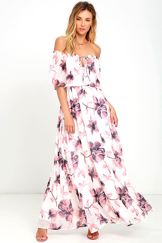 Lovely Ivory Dress - Floral Print Dress - Off-the-Shoulder Dress - $98.00