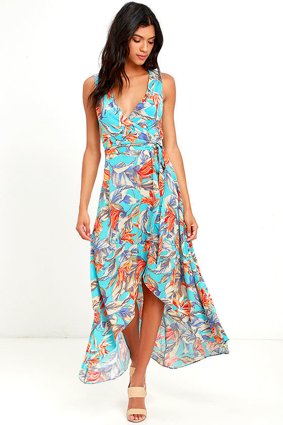 Something to Believe In Turquoise Floral Print Wrap Dress
