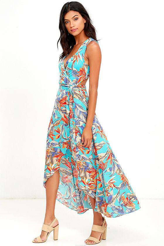 Lovely Blue Floral Print Dress - Wrap Dress - High-Low Dress - $65.00