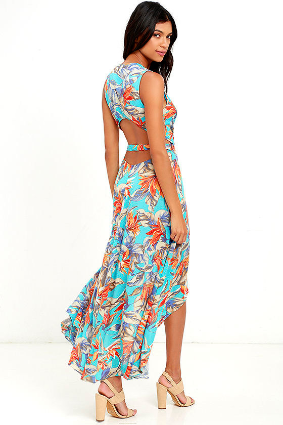 Something to Believe In Turquoise Floral Print Wrap Dress