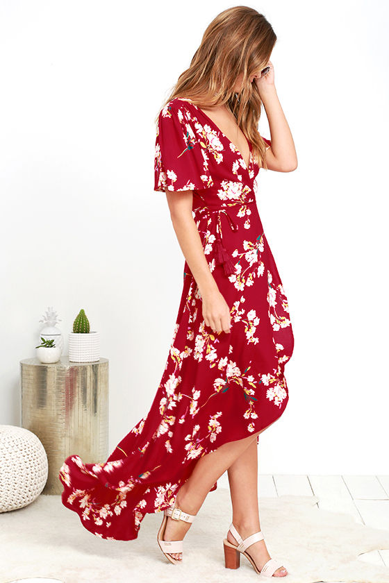 Lovely Wine Red Dress Floral Print Dress HighLow Dress 64.00