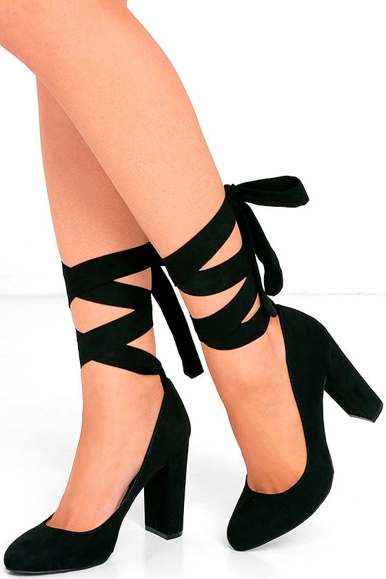 Cute Black Heels - Lace-Up Heels - Vegan Suede Heels - $27.00