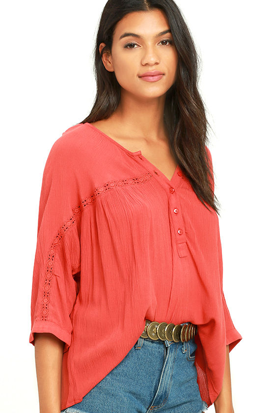 Amuse Society Olivia - Coral Red Top - Three-Quarter Sleeve Top - $54.00