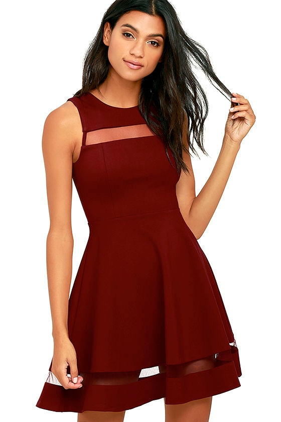 Cute Burgundy Dress - Skater Dress - Mesh Dress - $54.00