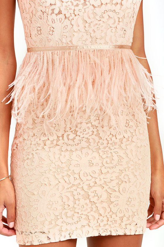 Stunning Blush Pink Dress Lace Dress Feather Dress Sheath Dress