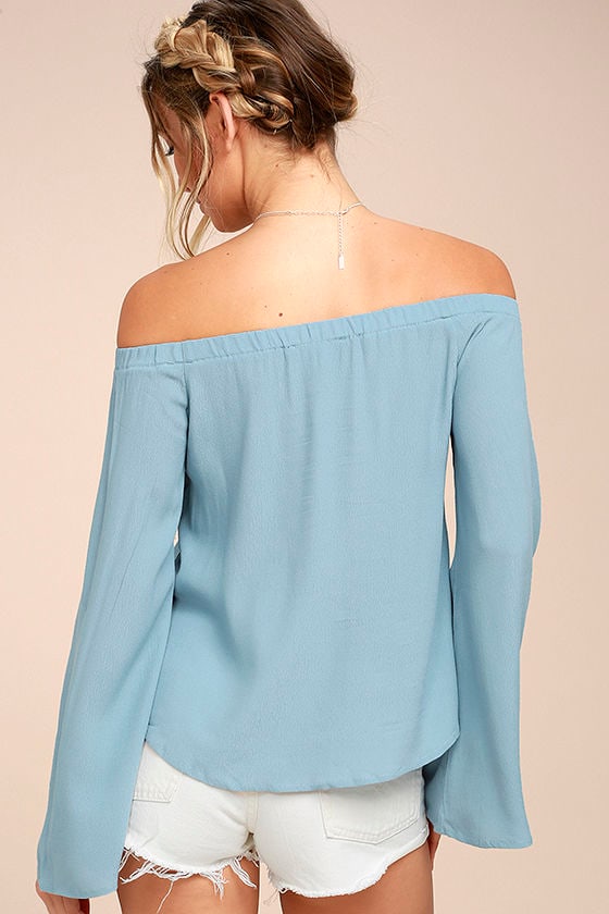 Lovely Light Blue Top - Off-the-Shoulder Top - Long Sleeve Top - $42.00