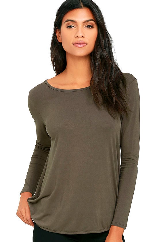 Chic Dark Taupe Top - Long Sleeve Top - Open Back Top - Twist Back Top ...