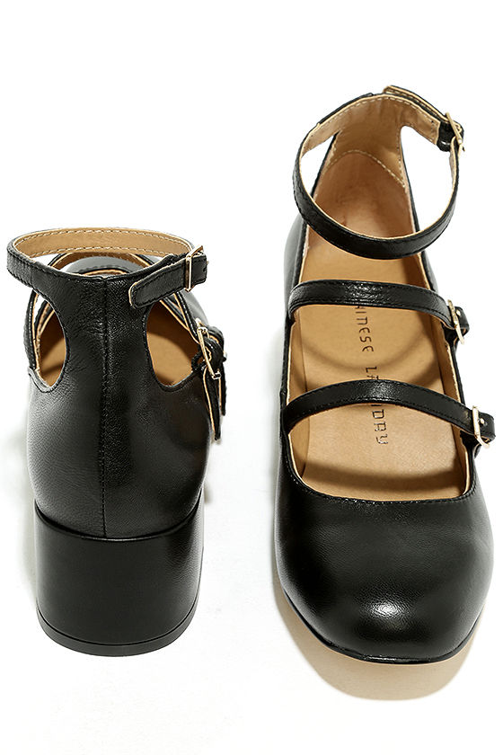 black leather pumps with ankle strap