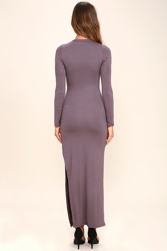 Chic Dusty Purple Long Sleeve Dress Jersey Knit Maxi Dress Bodycon