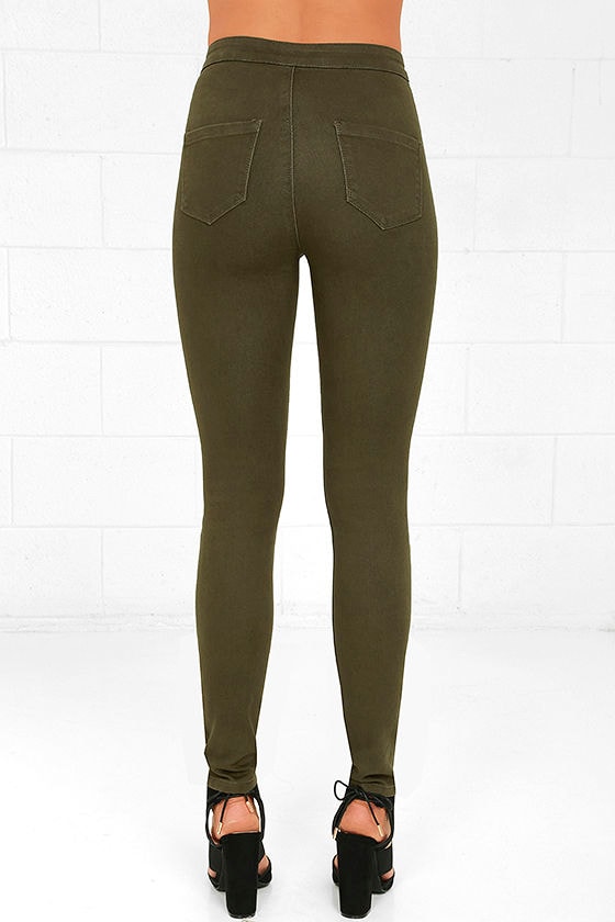 Cool Olive Green Jeans - High-Waisted Jeans - Skinny Jeans - $39.00