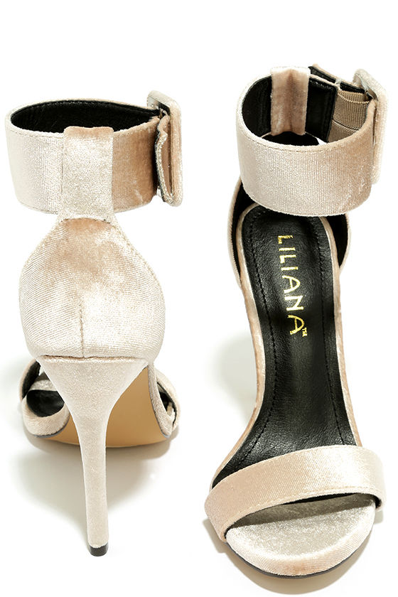 nude velvet block heels