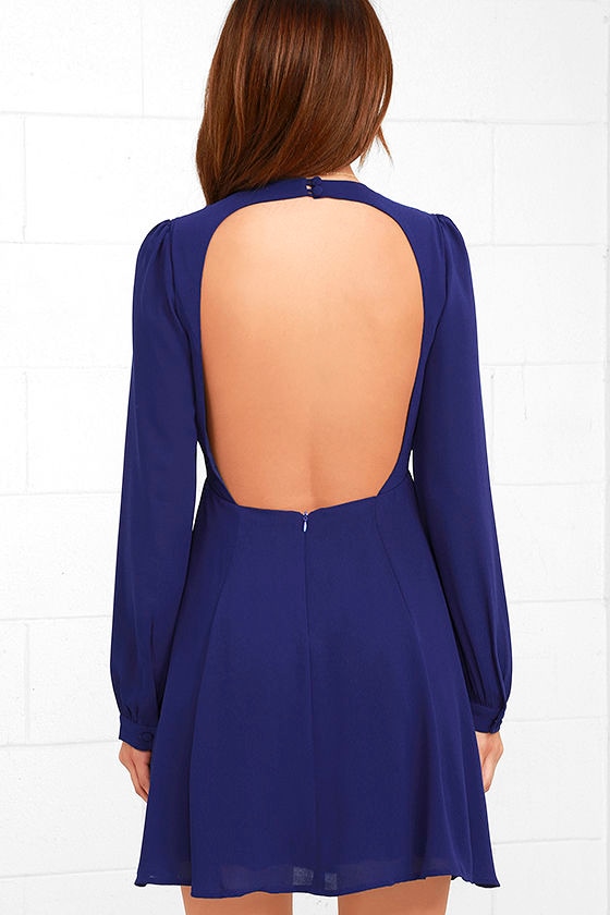 Cute Royal Blue Dress - Long Sleeve Dress - Backless Dress - $59.00