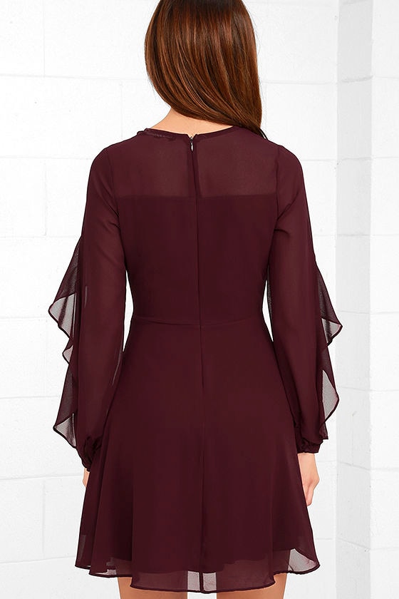 Lovely Burgundy Dress - Long Sleeve Dress - Skater Dress - $62.00