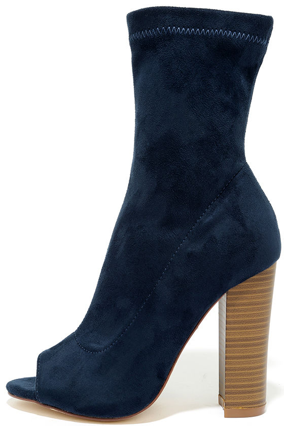 Stylish Navy Booties - Peep-Toe Booties - Vegan Suede Booties - $37.00