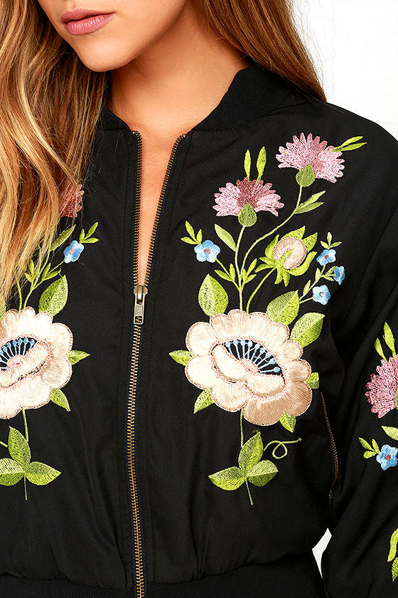 Cool Black Jacket Embroidered Bomber Jacket Floral Bomber Jacket