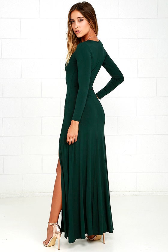 Ruched swept away forest green long sleeve maxi dress lulu â Swept away forest green long sleeve 