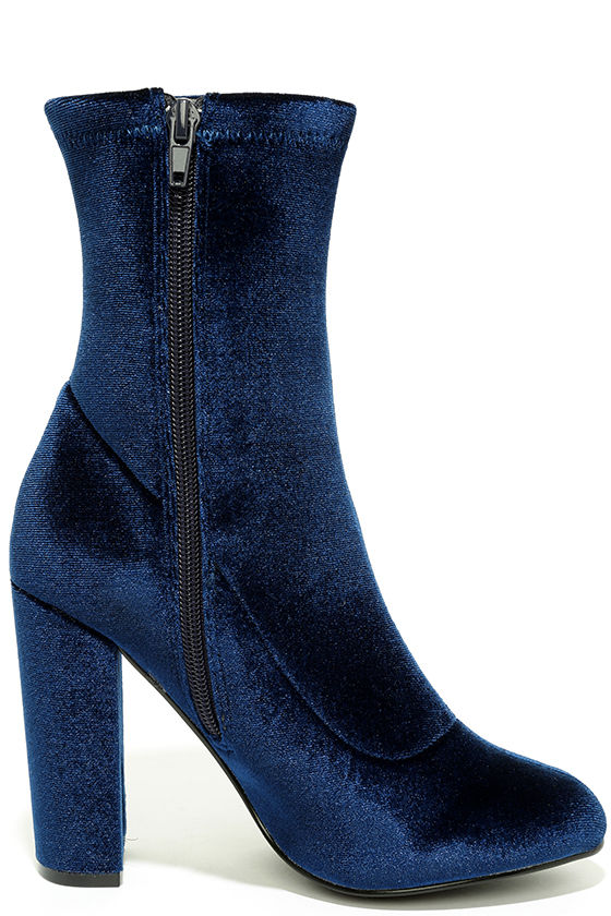 Cool Blue Velvet Boots - Sock Boots - Fiited Mid-Calf Boots - $75.00