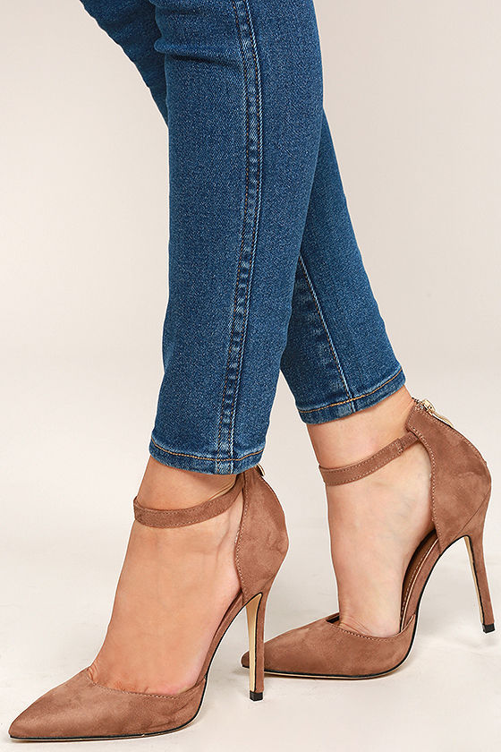 taupe suede ankle strap heels