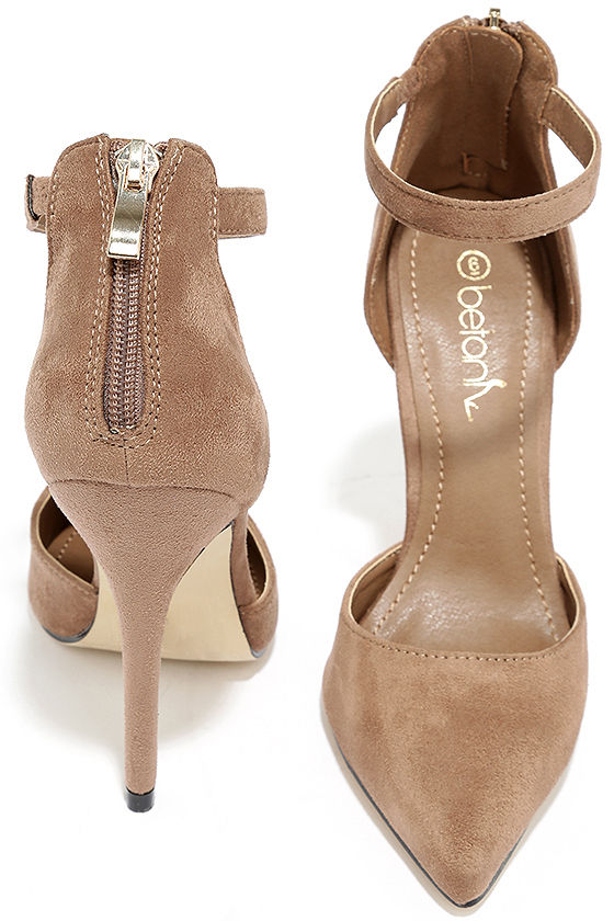 taupe suede ankle strap heels