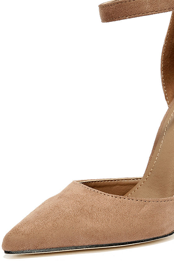 taupe suede ankle strap heels
