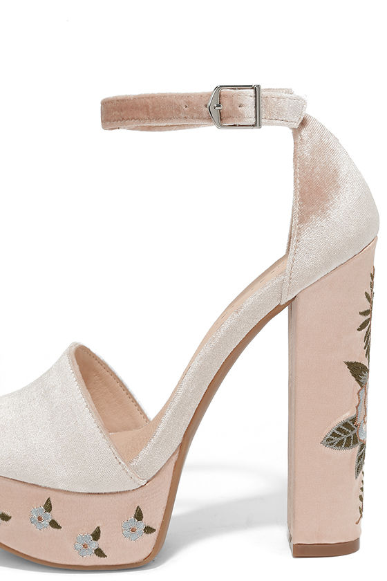 nude velvet block heels