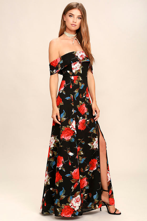 Lovely Black Floral Print Dress - Maxi Dress - Off-The-Shoulder Dress ...