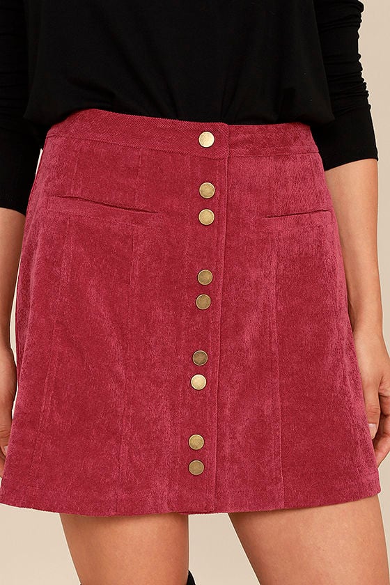 Cute Wine Red Corduroy Skirt - Button Front Mini Skirt
