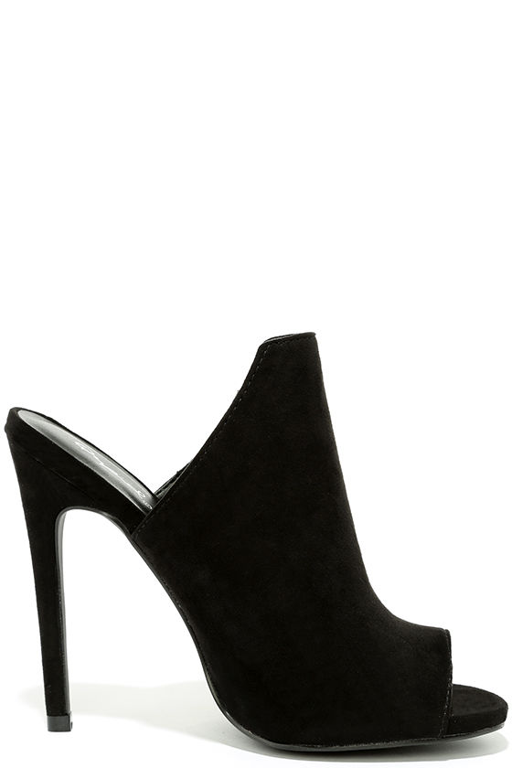 black suede peep toe mules