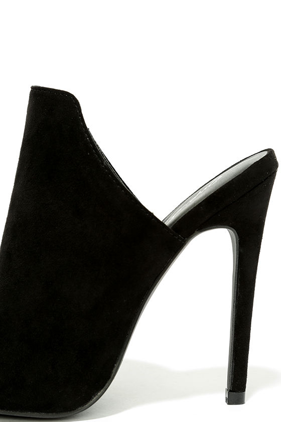 black suede peep toe mules