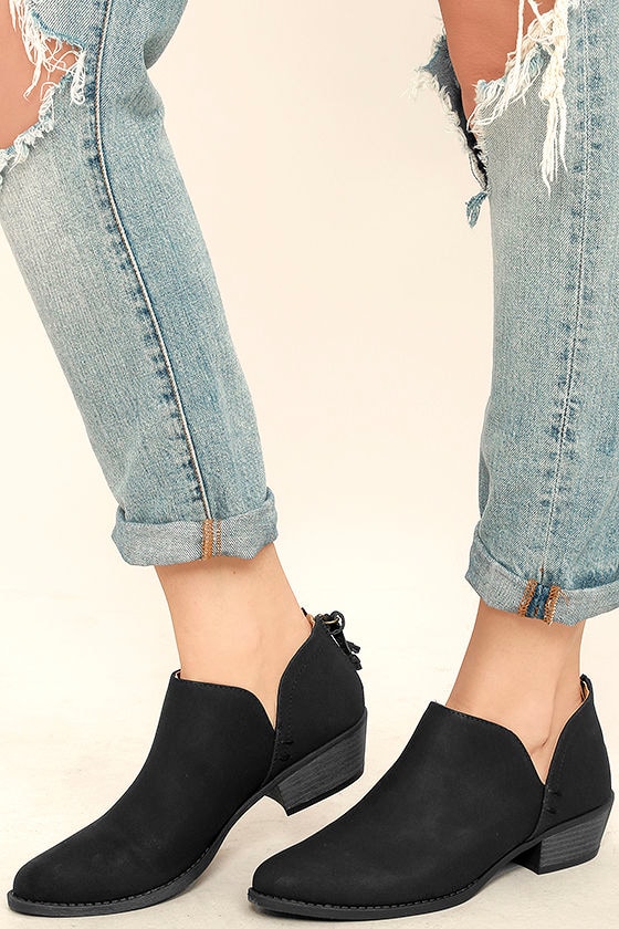 black ankle booties with brown heel