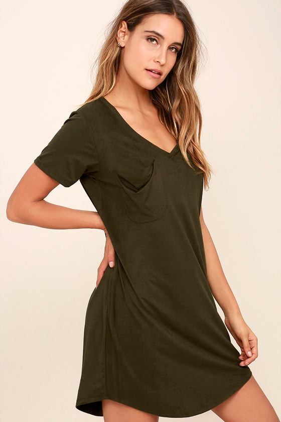 Chic Olive Green Dress - Shirt Dress - Suede Dress - $49.00