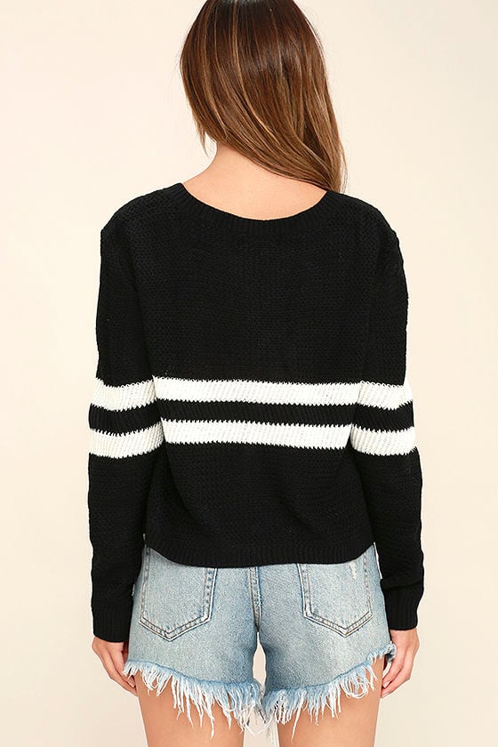 Cute Black and White Striped Sweater - Cropped Sweater - V-Neck Sweater ...
