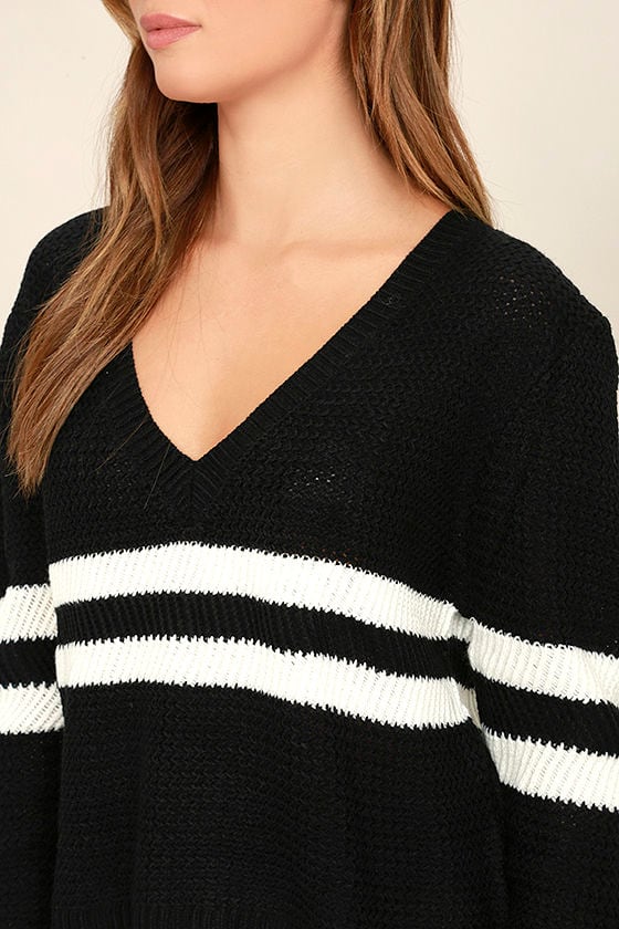 Cute Black and White Striped Sweater - Cropped Sweater - V-Neck Sweater ...