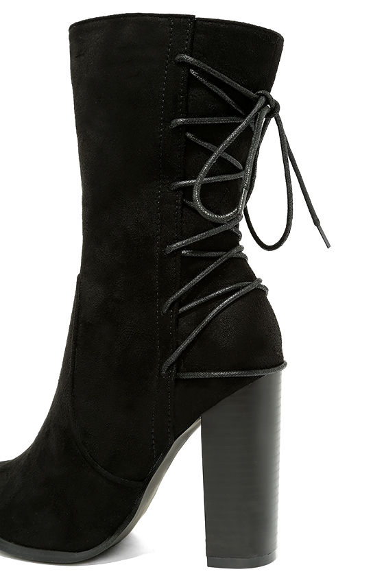 Cool Black Suede Boots - High Heel Boots - Mid-Calf Boots - Lace-Up ...