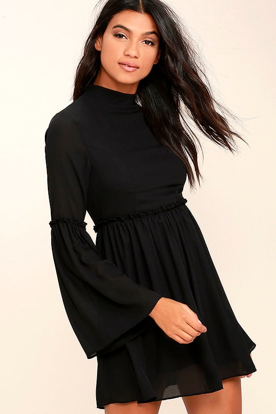 Cute Black Dress Babydoll Dress Bell Sleeve Dress 56.00