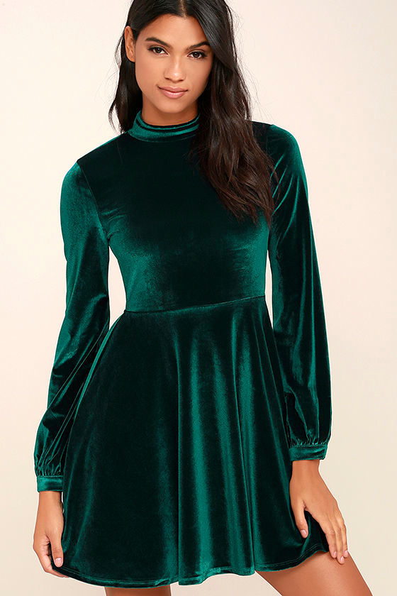 Lovely Forest Green Dress - Backless Dress - Skater Dress - Velvet ...