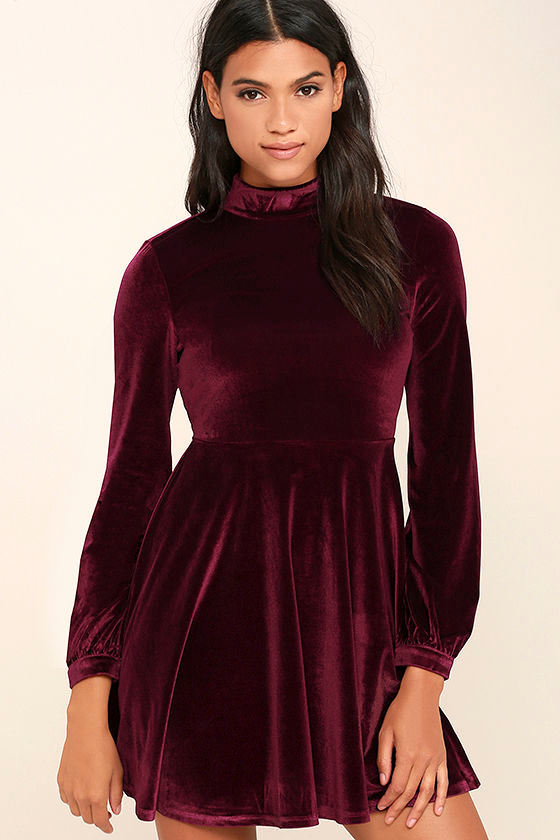Mirage | Burgundy Velvet Halter-Neck Mini Dress With Skater-Skirt