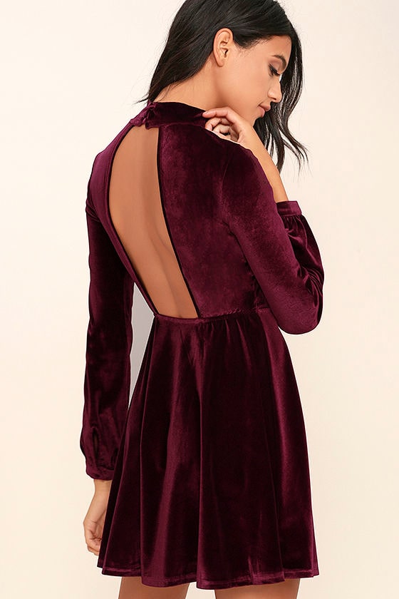 Lovely Burgundy Dress Backless Dress Skater Dress Velvet Dress