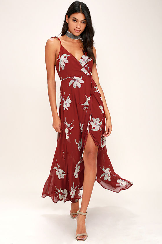 Lovely Wine Red Floral Print Dress - Wrap Dress - High-Low Dress - $76.00