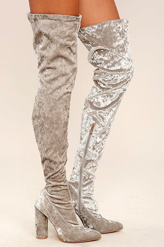 flat grey thigh high boots