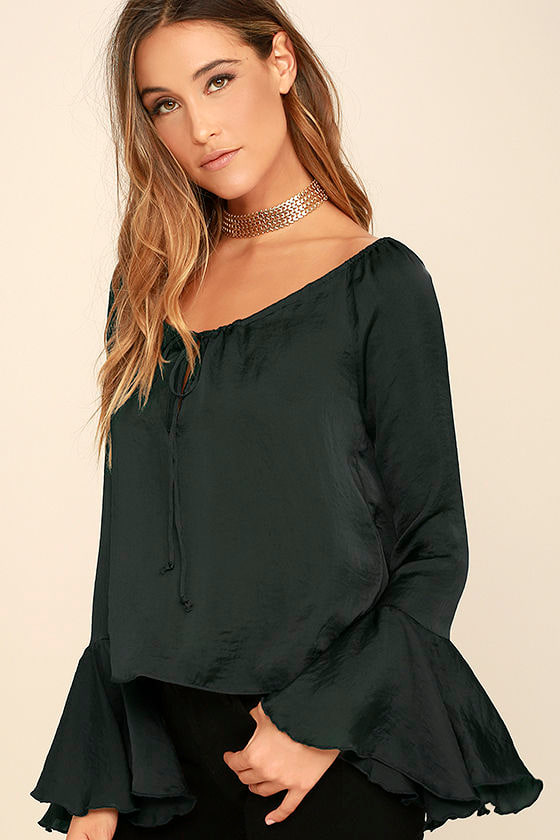 Chic Charcoal Grey Top - Long Sleeve Top - Bell Sleeve Top - $46.00