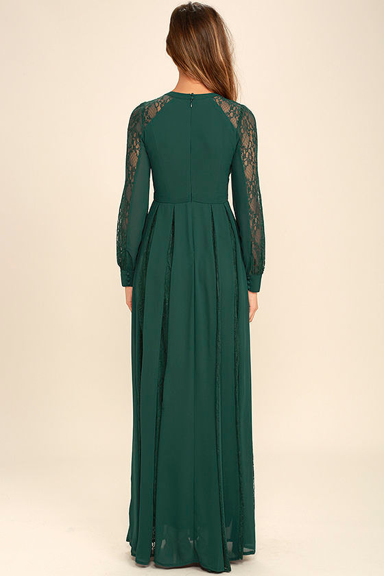 Lovely Forest Green Dress - Maxi Dress - Lace Dress - Long Sleeve Dress ...