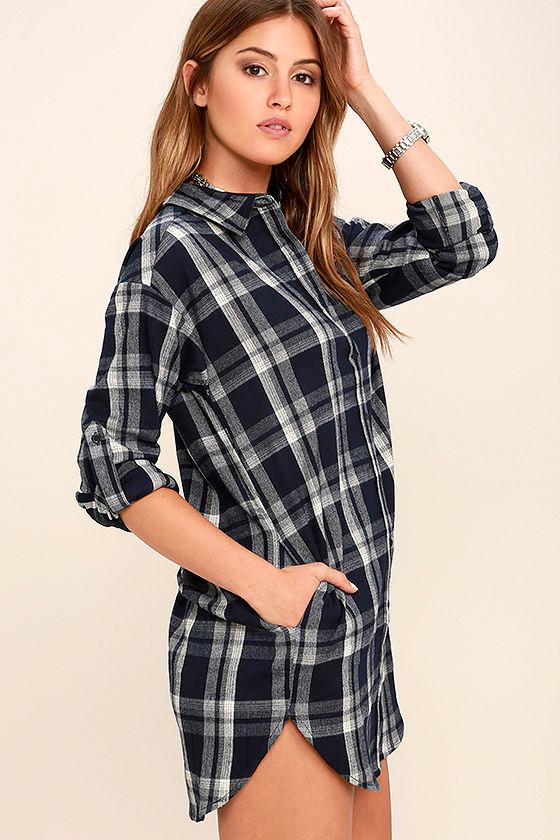 2677 Navy Blue Plaid Shirt Dress