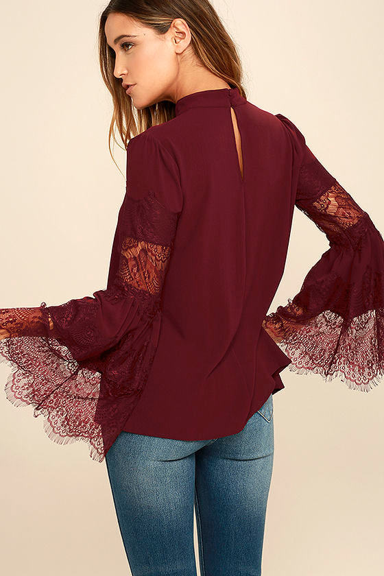 Cute Burgundy Lace Top - Long Sleeve Top - Bell Sleeve Top - $42.00