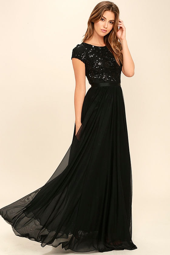Lovely Black Maxi Dress - Sequin Maxi Dress - Cap Sleeve Maxi Dress ...
