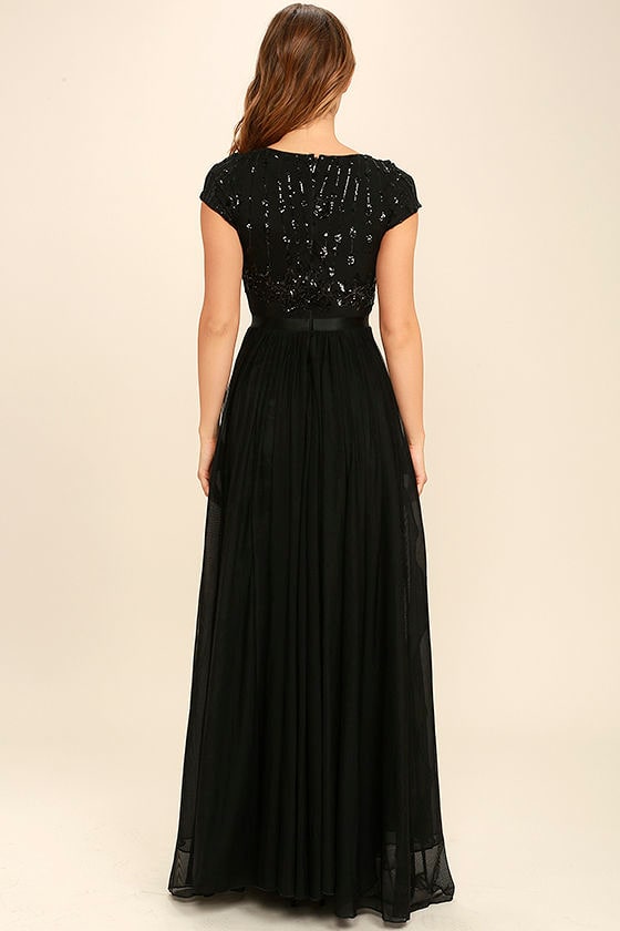 Lovely Black Maxi Dress Sequin Maxi Dress Cap Sleeve