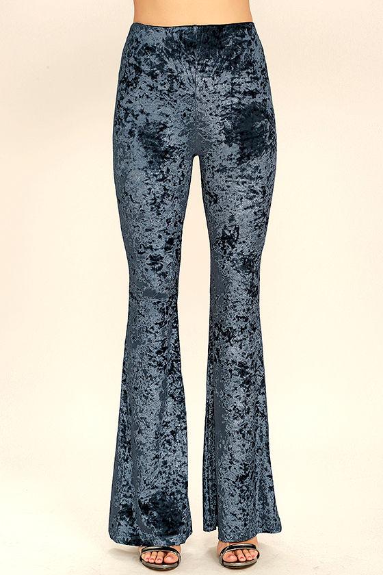 Slate Blue Velvet Pants Velvet Flare Pants Velvet Bell Bottoms 39.00
